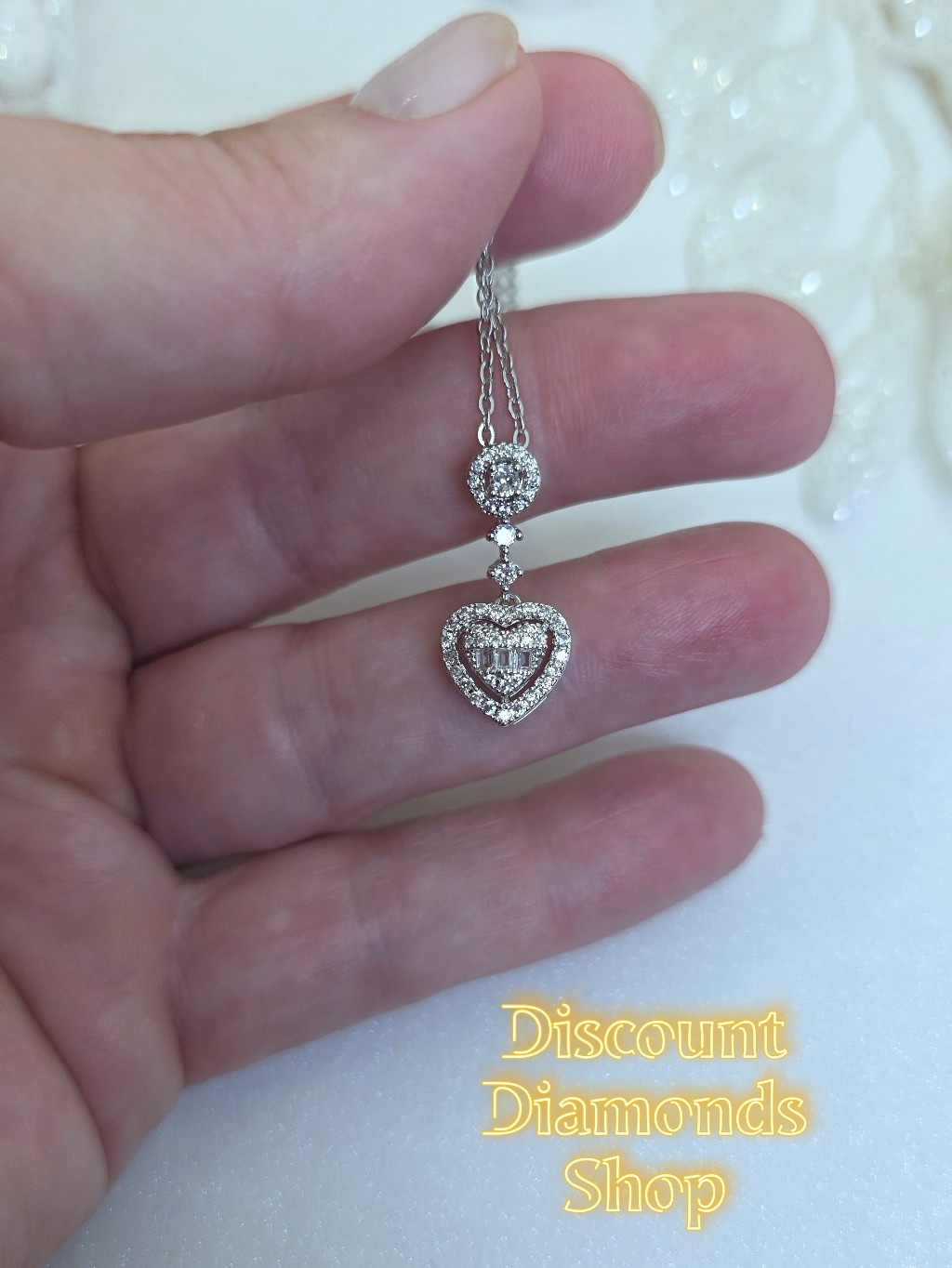Heart Shaped Clear White Baguette Diamond Pendant Necklace 925 Sterling Silver